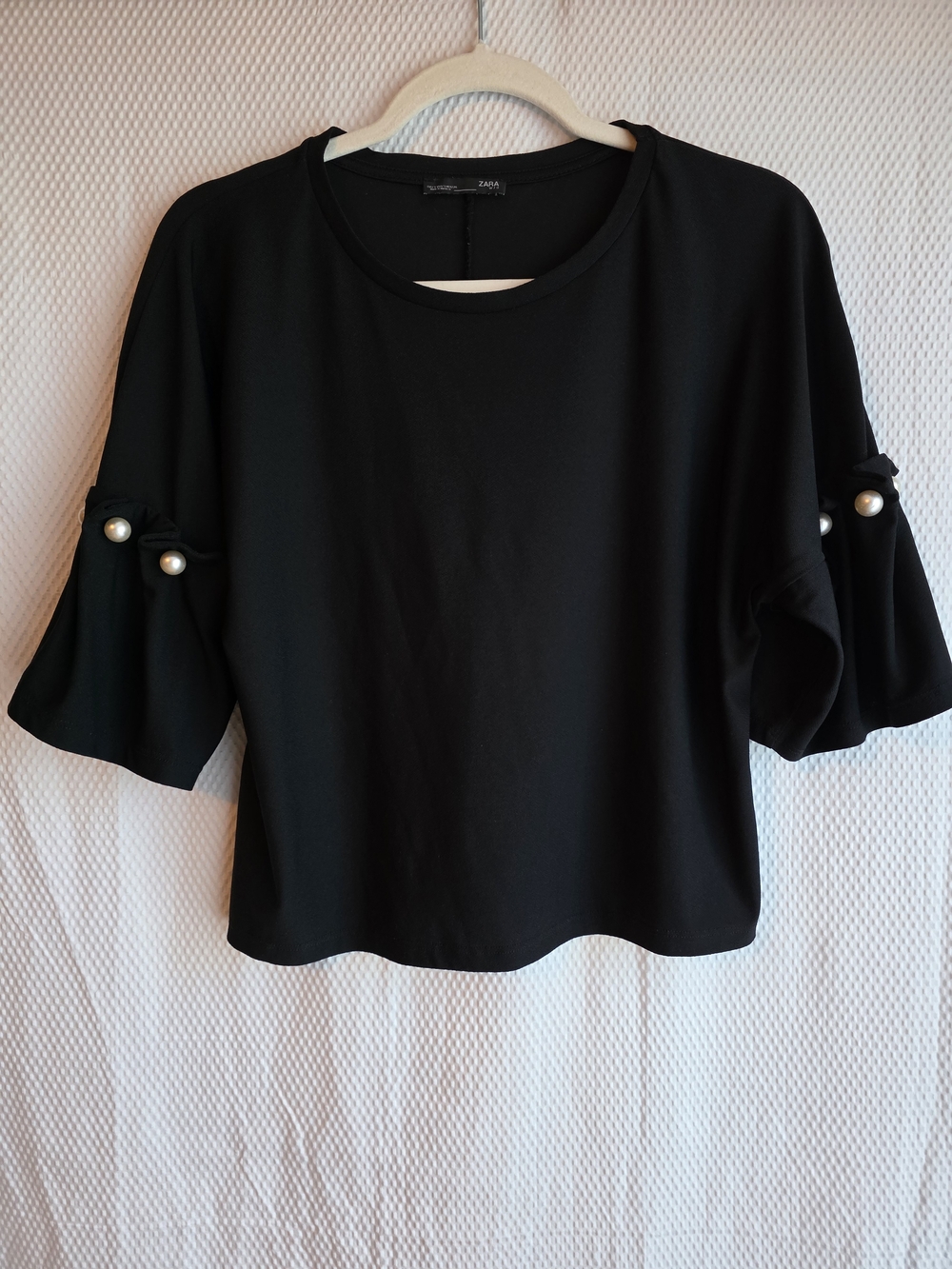 Zara Black 3/4 Sleeve Top with Pearl Sleeve Detail